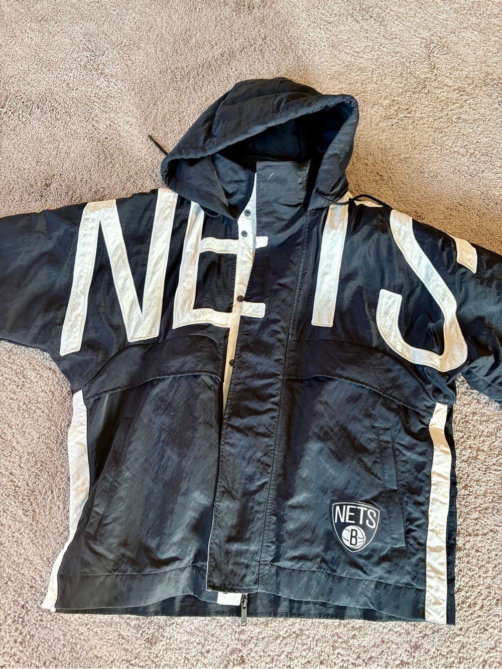 Black NBA Nets Hooded Puffer Jacket with White Trim